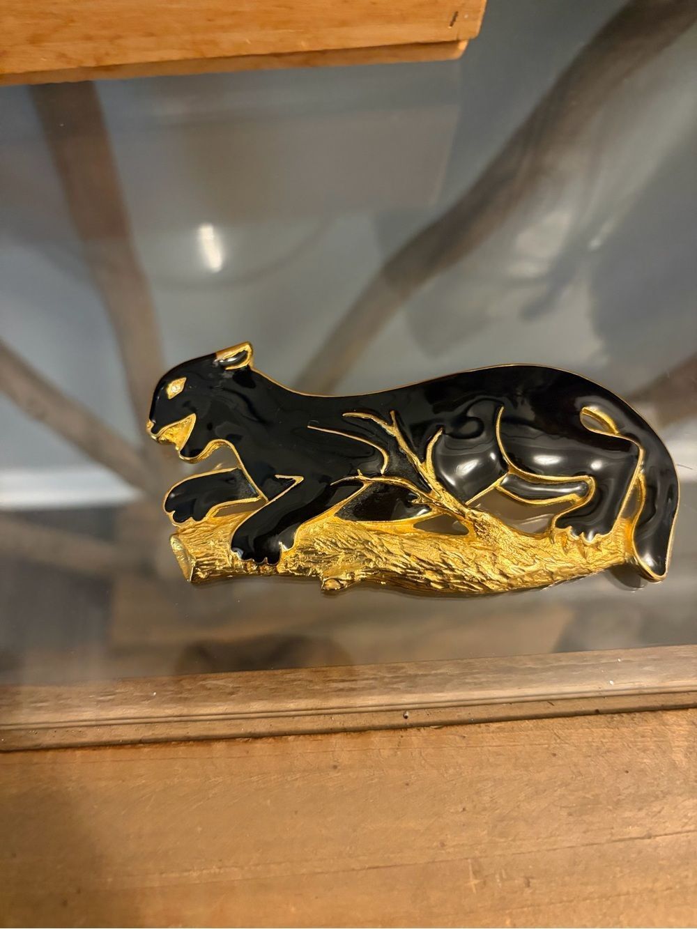 4-3/4” DOREEN RYAN Signed Panther Cat Black Enamel Crystal brooch pin. Vintage.